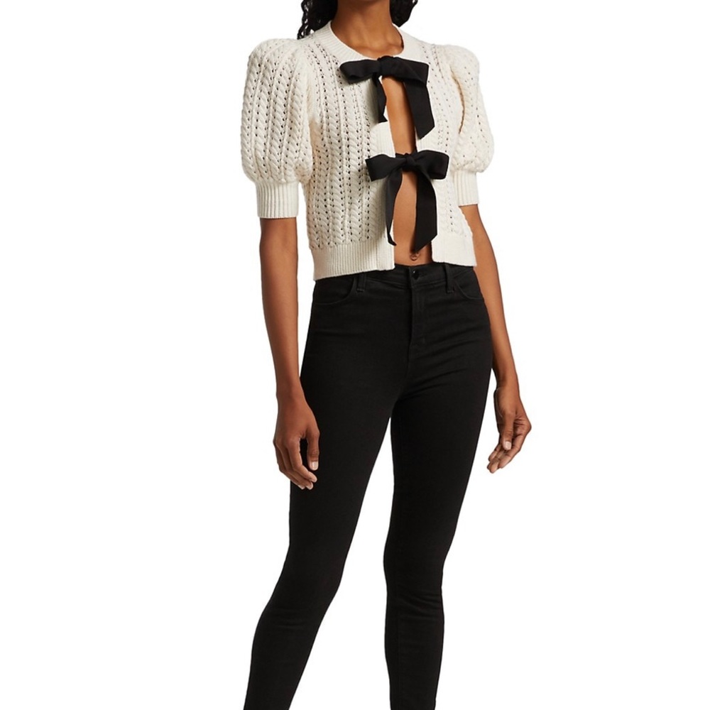 Alice + Olivia Kitty Puff-Sleeve Cardigan With Bows.  Soft White/Black.